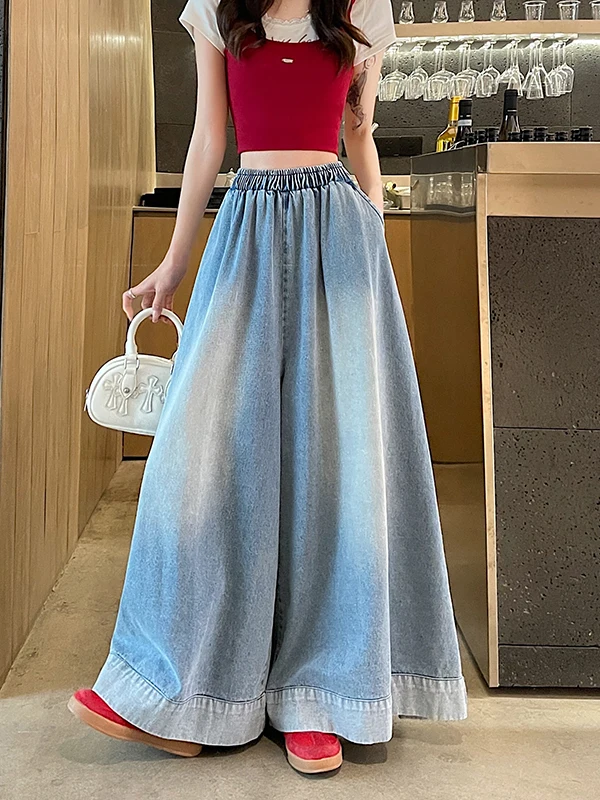 

Casual High Waist Wide Leg Jeans Women's Loose Fit Summer Faion plus Size American Sle Cuffed Straight Cut Denim Skirt