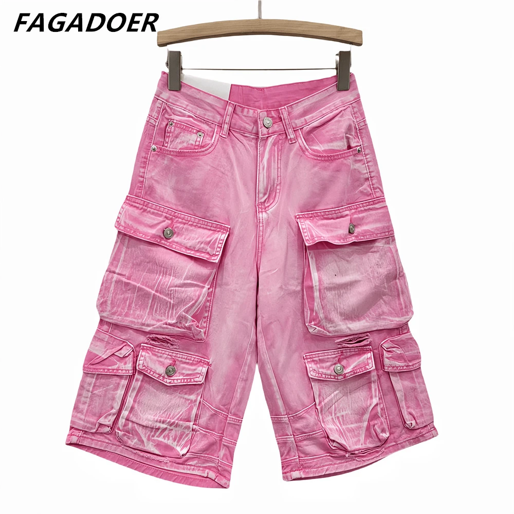 FAGADOER Pink Y2K Fashion Pocket Jean Cargo Pants Women High Waisted Button Straight Denim Trousers Casual Female Cowboy Bottoms