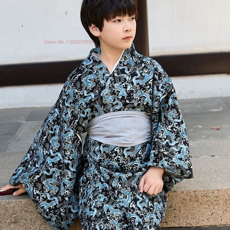 

2025 children vintage japanese yukata traditional kimono robe national dragon print kimono yukata boy stage performing clothes