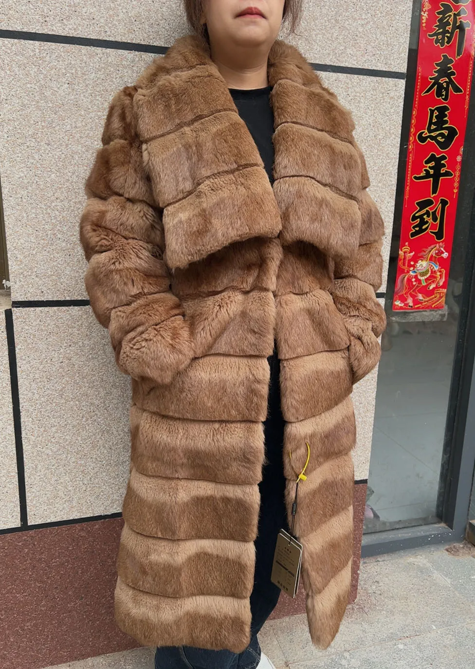 Real Rabbit fur coat Long style striation with enlarged collar luxuriou women's autumn and winter 100% natural rabbit fur jacket