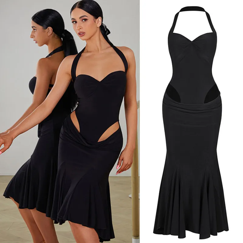 

latin dress black Salsa Cha Cha Samba Rumba dress cut out hollow out 2405 USA