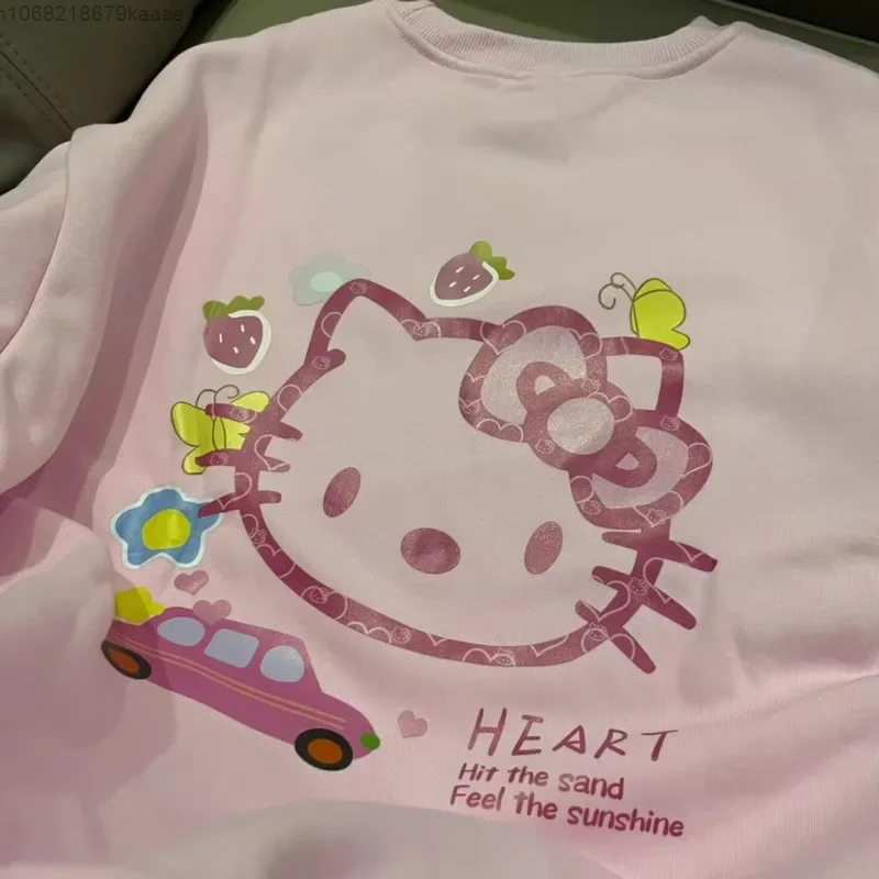 Hello Kitty Sweet Style Fashion Pullovers Korean Style Fashion Casual Versatile Round Neck Tops Y2k Cute Pink Loose Sweatshirt