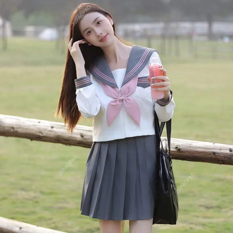 

25 College Style Long-sleeved College Style Pleated Skirt Suit Japanese Embroidery New Gray Three-book JK Uniform Sailor Uniform