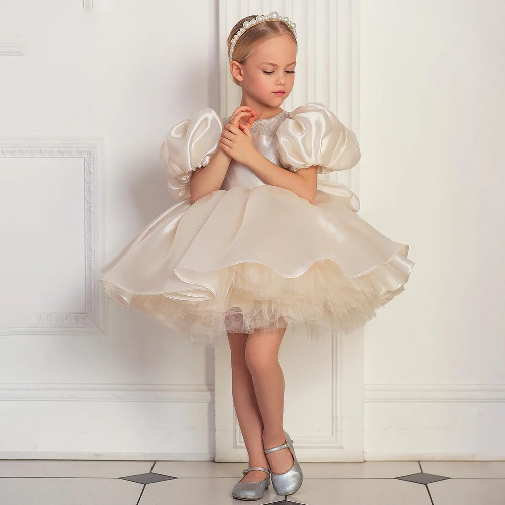 Cute Scoop Ball Gown Flower Girl Dress Puffy Princess Communion Gown with Bow Puffy Sleeves Mini Satin Kids Formal Party Dress