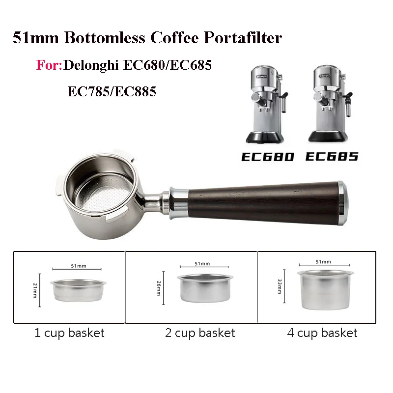 51mm Portafilter do kawy bez dna do Delonghi EC680/EC685/EC785/EC885 uchwyt do kawy ze stali nierdzewnej z 1/2/4 kubkiem