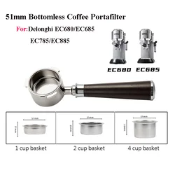 51mm Portafilter do kawy bez dna do Delonghi EC680/EC685/EC785/EC885 uchwyt do kawy ze stali nierdzewnej z 1/2/4 kubkiem