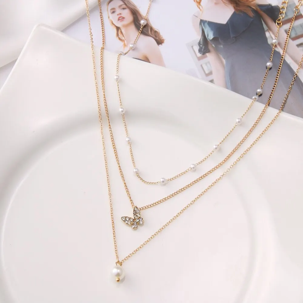 3PCS Suit Retro Multilayer Necklace Decorated With Artificial Pearl Clavicle Chain Creative Simple Butterfly Pendant Necklace