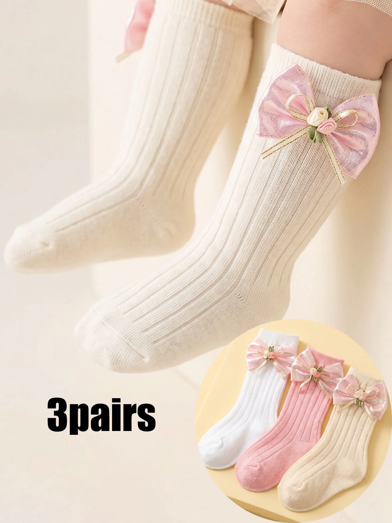 3Pairs 3‑24M Kids Bow Mid Calf Crew Socks Set, Unisex Boys Girls Multi‑Color Cotton Socks for All‑Season Daily Wear