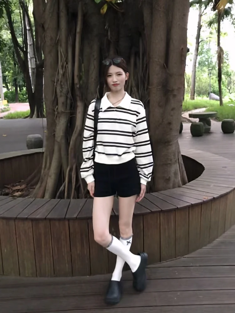 Korean Contrast Color Stripe  Ne Long Sve T-irt Women's Autumn New Loose ort Sle College Wind Sweatirt