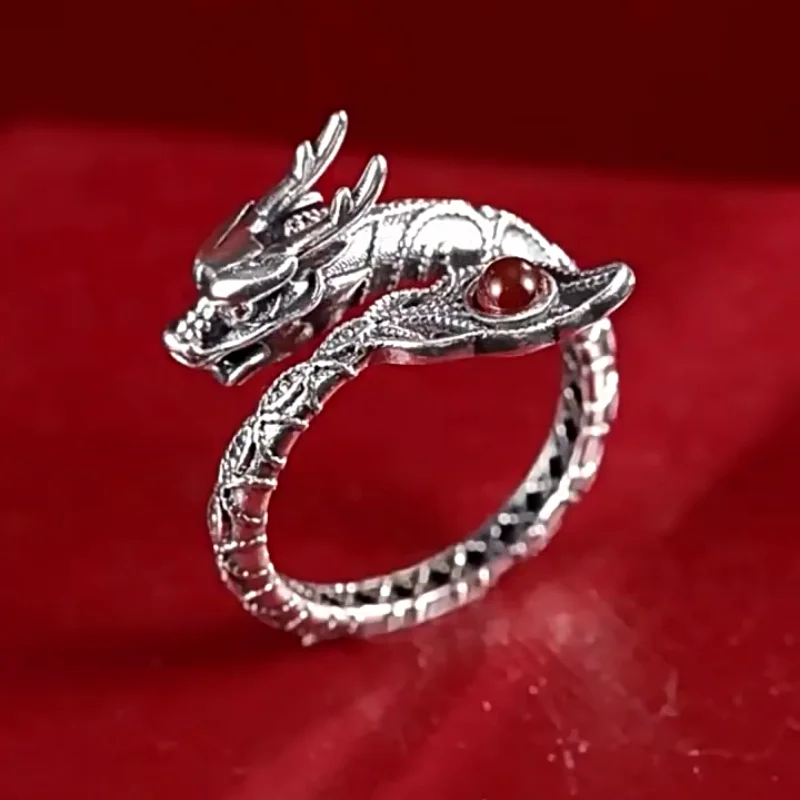 Buyee 925 Sterling Silver Unique Ring Finger Chinese Dragon Open Ring for Women Men Fashion National Style Fine Jewelry Circle
