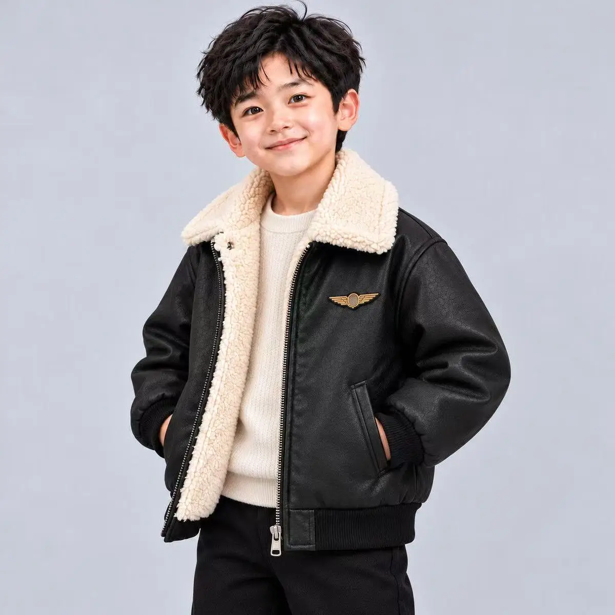 Boys Fashion Fur Collar PU Bomber Jacket, Warm Winter Leather Coat for Big Kids 6-12Y 6