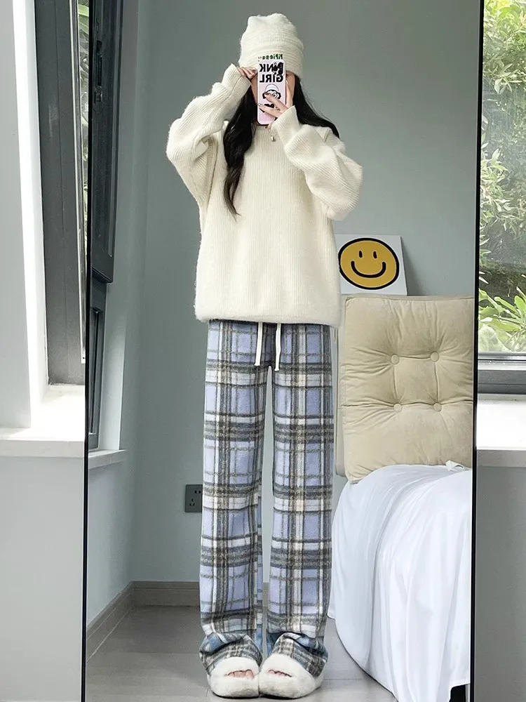 Blue Plaid Thiened Fce High Waist Straight Leg Wide Leg Pants Women's Casual Trousers Autumn Winter Slimming Effect