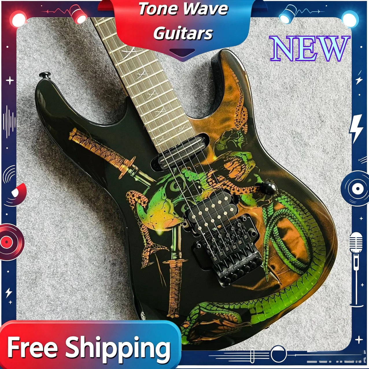 STD Snake Skull Graphic Electric Guitar Alder Body Rosewood Fingerboard HH Pickups Double Tremolo Heavy Metal Rock Stage Guitar