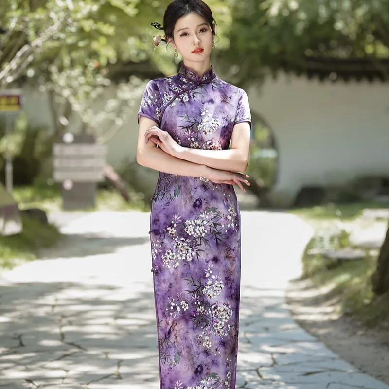 

Women Plus Size New Year Chinese Style Cheongsam Improved Vintage Purple Floral Long Dress Short Sleeve Lined Qipao S2713