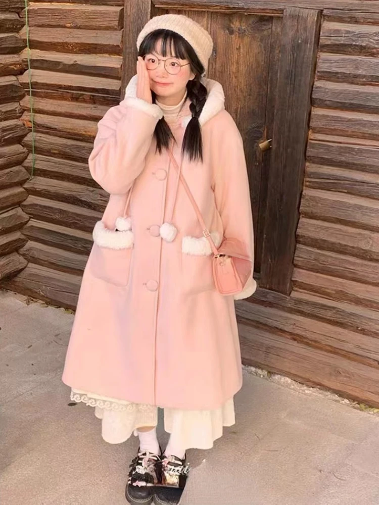 Japanese Kawaii Lolita Wool Coat Women Pink Sweet Pockets Cute Hooded Jackets Female Korean Casual Loose Coat Warm Winter 2024