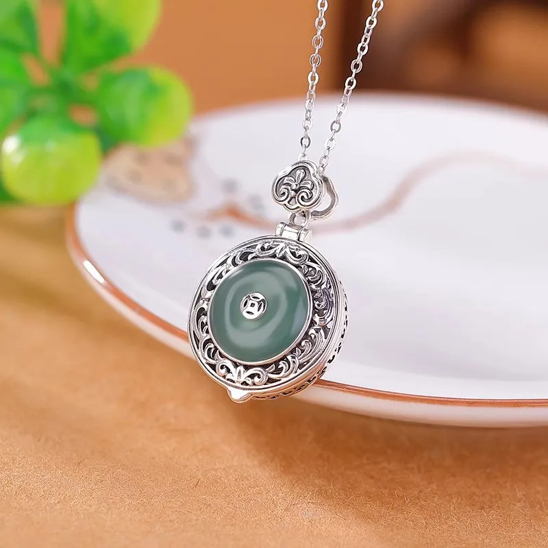 Natural chalcedony Round Openable Gawu Box Pendant silver 925 Roll Grass Pattern Necklace Classic Hollow out Charm Jewelry Gifts