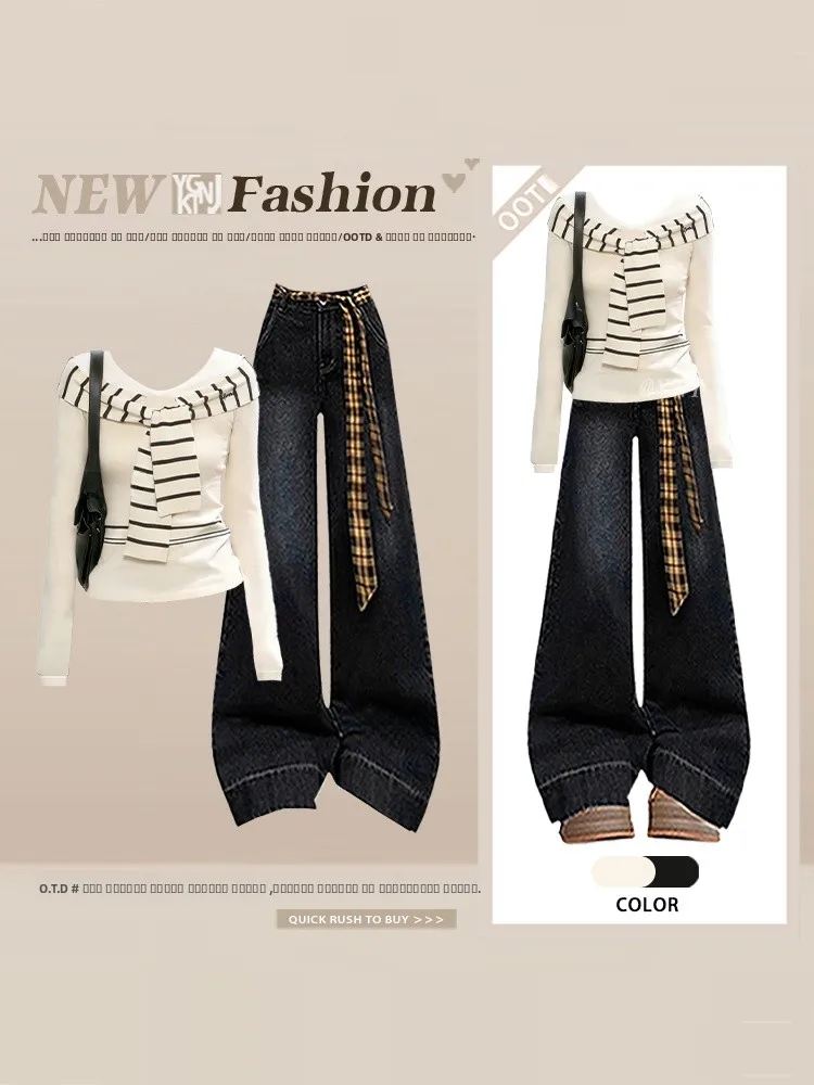 

Striped Tie One oulder Long Sve Wide Leg Jeans Set Women Spring Anti Aging Faionable Clothing High Waist Long Pants