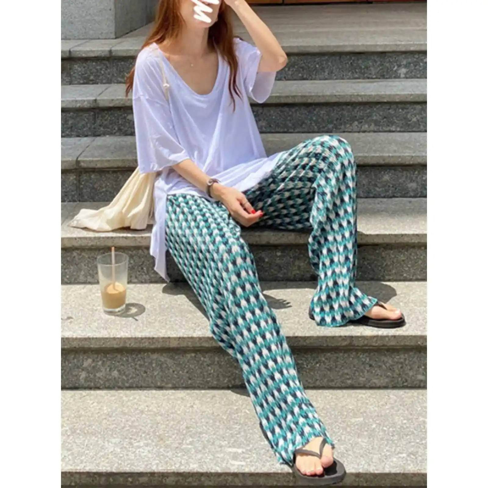 

Summer Ice Silk Trousers for Women Thin Plaid Wide Leg Casual Pants Comfortable Breathable Faionable Busin Lady