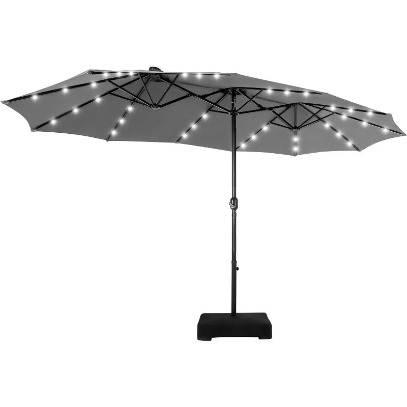 

15ft Double Sided Patio Umbrella with Solar Lights, Outdoor Large Rectangular Market Umbrellas with Base Included, Crank Handle