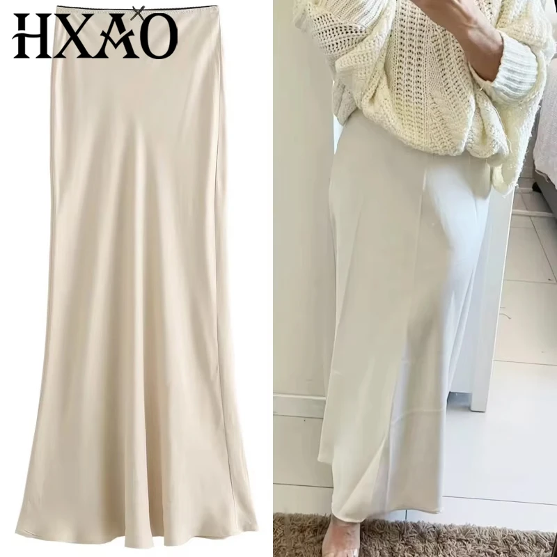 

HXAO Women's Skirt Bow Satin Skirts For Women Summer High Waist Long Skirt Black Beige Wrap Smooth Skirts Fashion Elegant Skirts