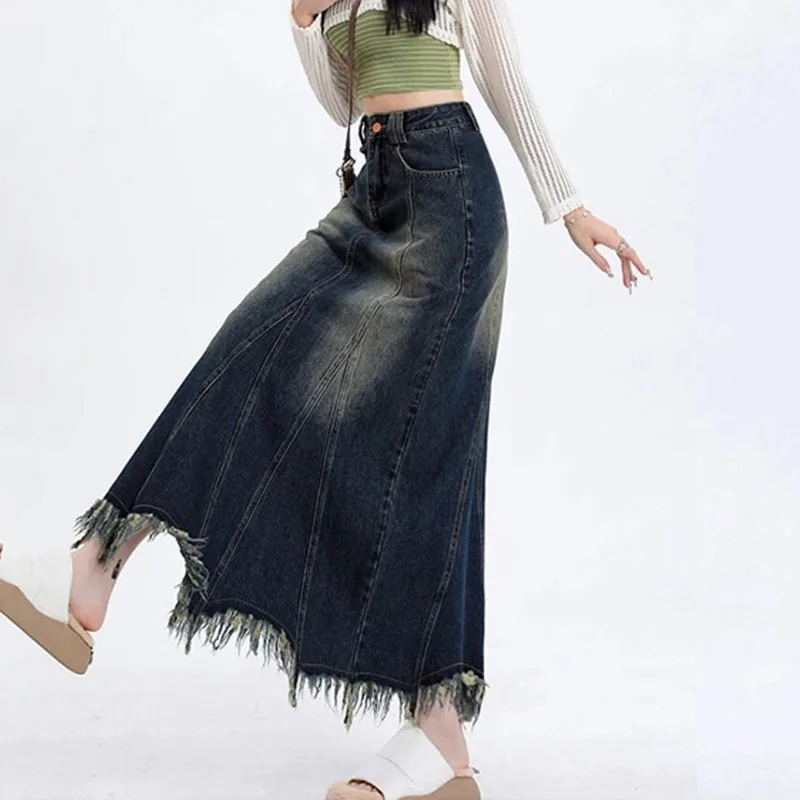 Vintage Front Slit Long Denim Skirt Women Sexy High Waist Tassel Maxi Skirt 2026 New Spring Autumn Pocket Skirt Saia Feminina - view 4