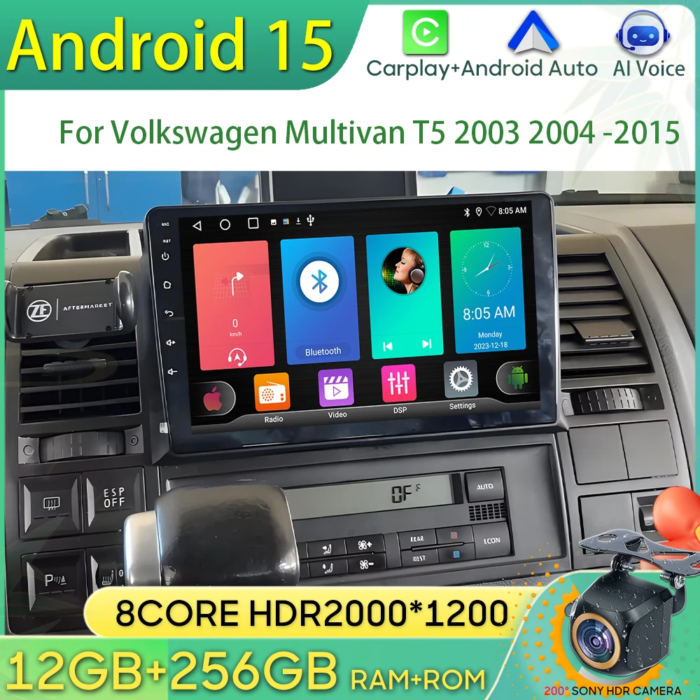 Android 15 Car Radio For Volkswagen Multivan T5 2003 2004 -2015 GPS Navigation Android Auto Carplay Stereo Display Cam No 2din