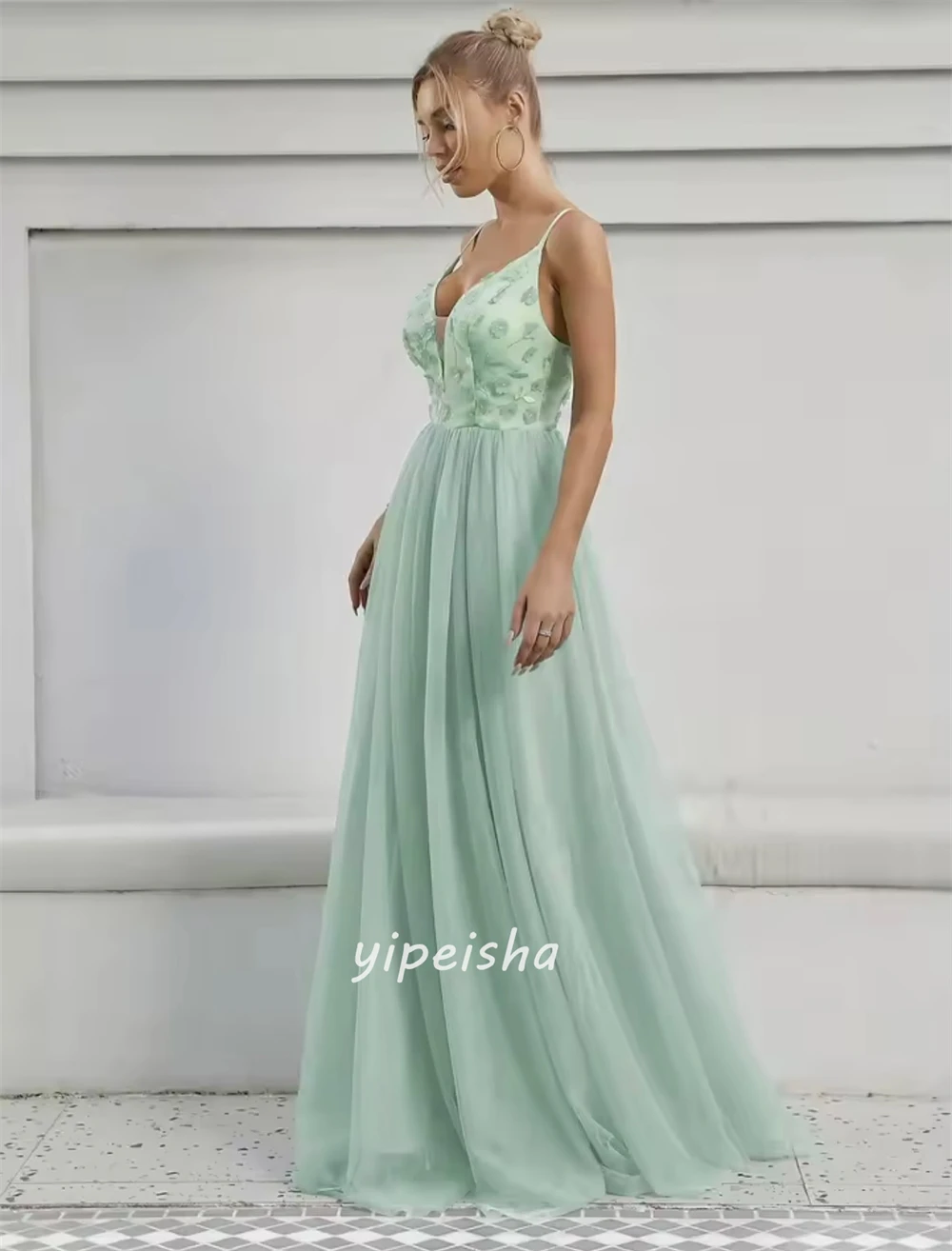 Customized Elegant Fashion Tulle Handmade Flower Ruched Straight Spaghetti strap Long Dresses Bespoke Occasion Dresses Matching