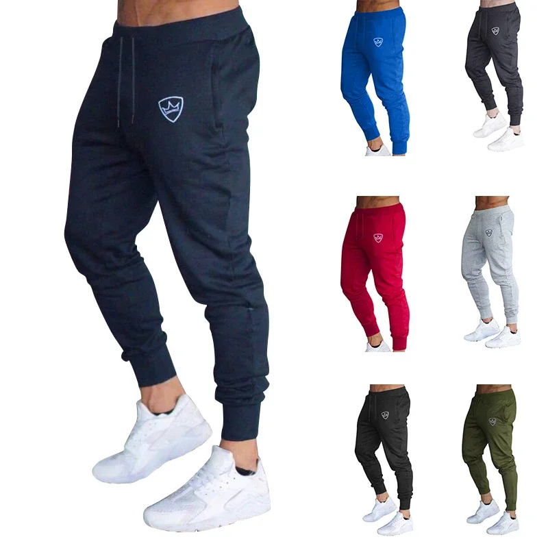 Casual Solid Color Drawstring Pocket Design Slim Fit Crown Logo Pants