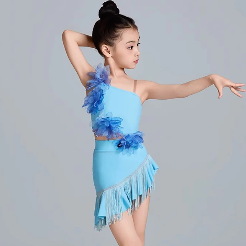 Sukienka dla dziewczynek do tańca latynoamerykańskiego, na ramiączkach, z kwiatowymi aplikacjami, frędzlami, asymetryczna, strój do rumby, treningowa, na występy, do tańca towarzyskiego, na zawody.