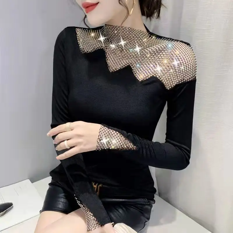 2023 Spring and Autumn Early Autumn New Slim Fit Style Western Big V-neck Long Sleeve Sexy Hollow Out Hot Diamond Women Top