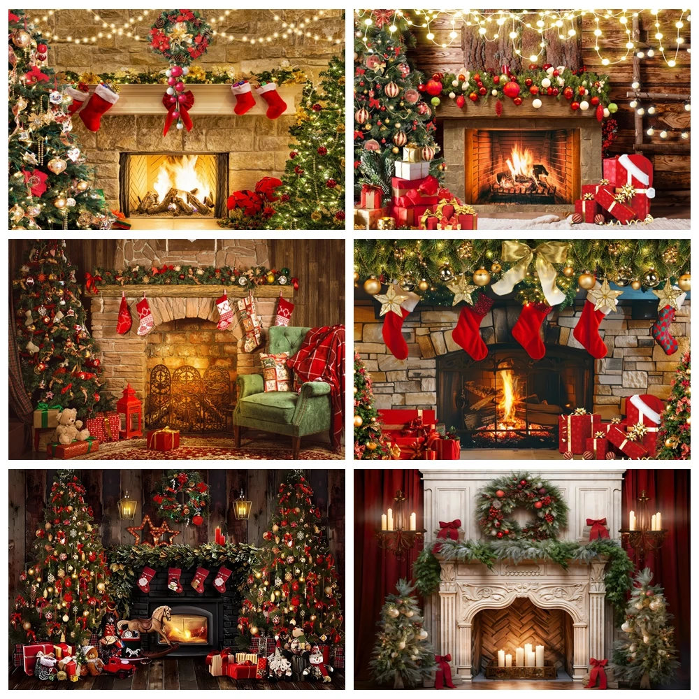 

Christmas Fireplace Photography Backdrop Bonfire Burning Fireplace Socks Gift Winter Xmas Kids Family Portrait Photo Background