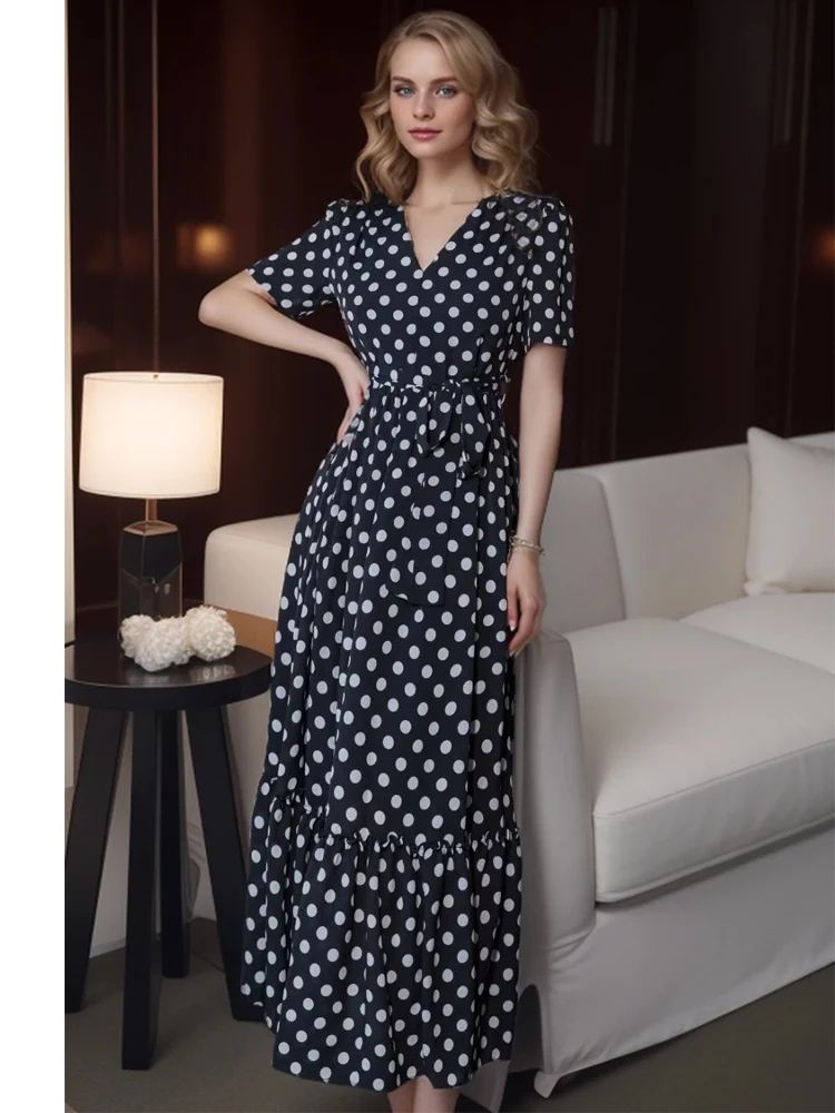 

SEQINYY Elegant Black Dress Summer Spring New Fashion Design Women Runway High Street Short Sleeve V-Neck White Dot Office Lady