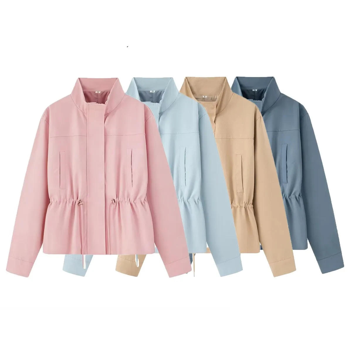 Stand Collar No Hood Hat Cropped Individual Streetwear with Conventional Sleeve Zipper Front Regular Sleeve Belted Women Jacket