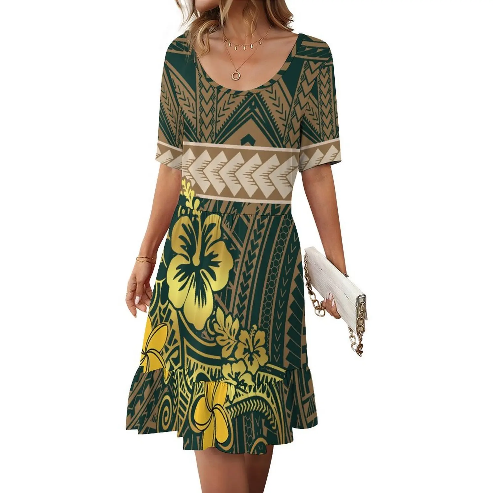 

Summer Round-Neck Short-Sleeved Loose And Comfortable Ruffled Women'S Dress Custom-Made High-Quality Polynesian Evening Dress