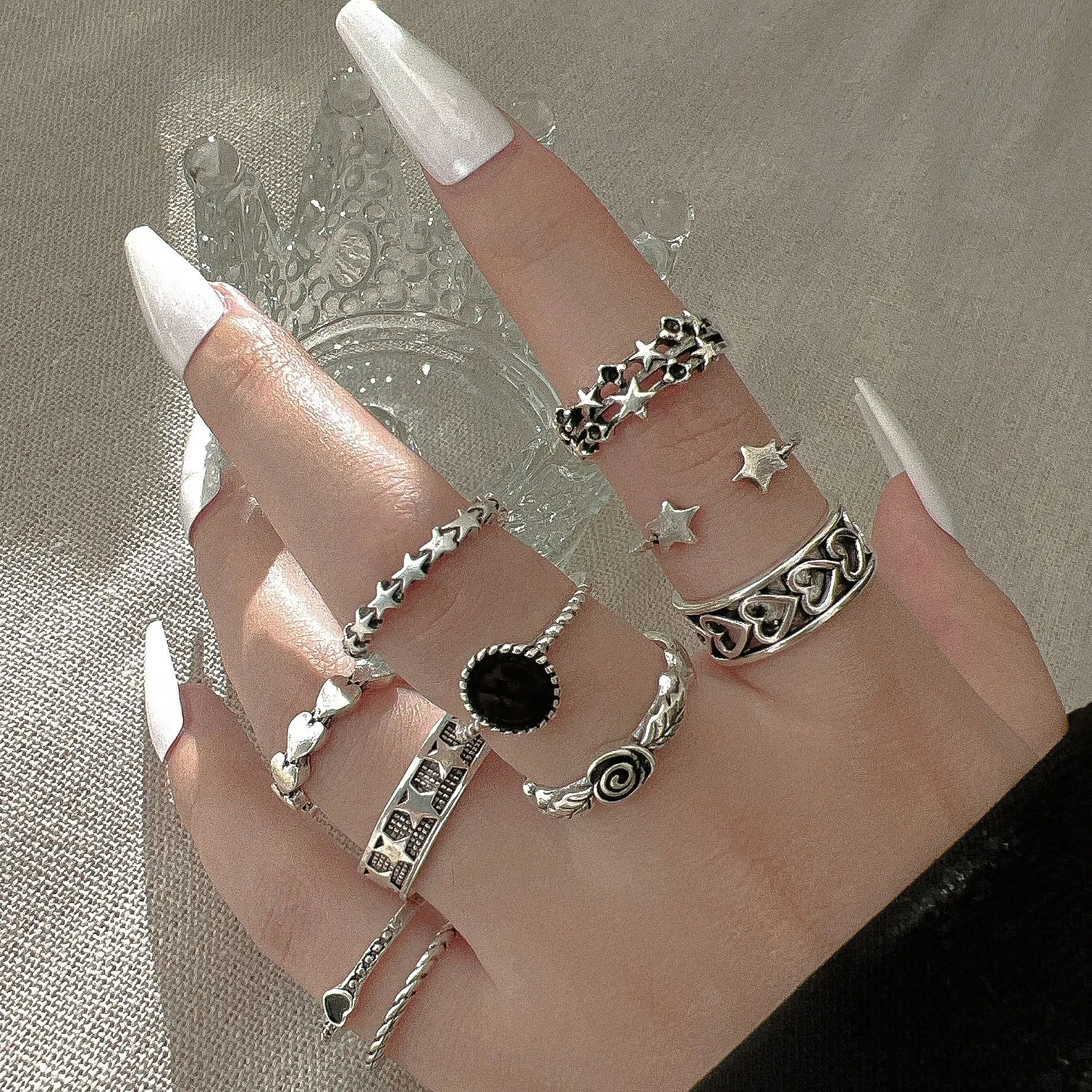 Vintage Antique Ring Set 10 Piece for Women Punk Heart Star Rose Floral Lightweight Alloy Daily Stackable Hypoallergenic