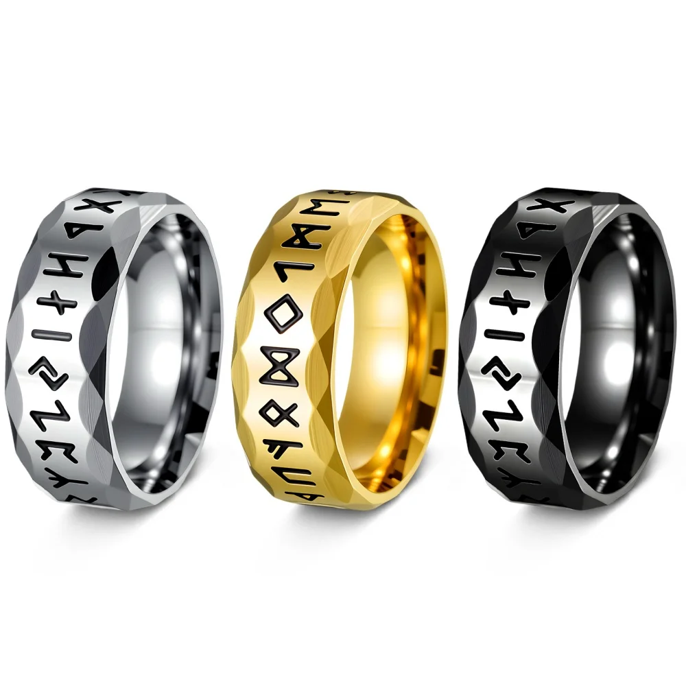 Runenring für Herren, facettierter, graviertes Symbolband, goldfarben, Edelstahl, Ring im nordischen Stil, geometrischer Statement-Schmuck. – Detail 4