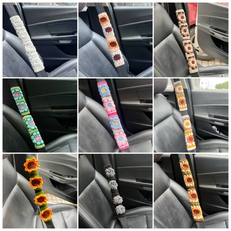 Hand‑Crochet Car Seatbelt Shoulder Pad Chrysanthemum Sunflower Stylish Universal Seat Belt Protective Cover
