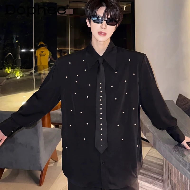 

Fashion Long-sleeve Solid Color Chic Shirts Men's 2026 Spring New High-end Bead Design Tops Trendy Loose Personalized Tie Shirts