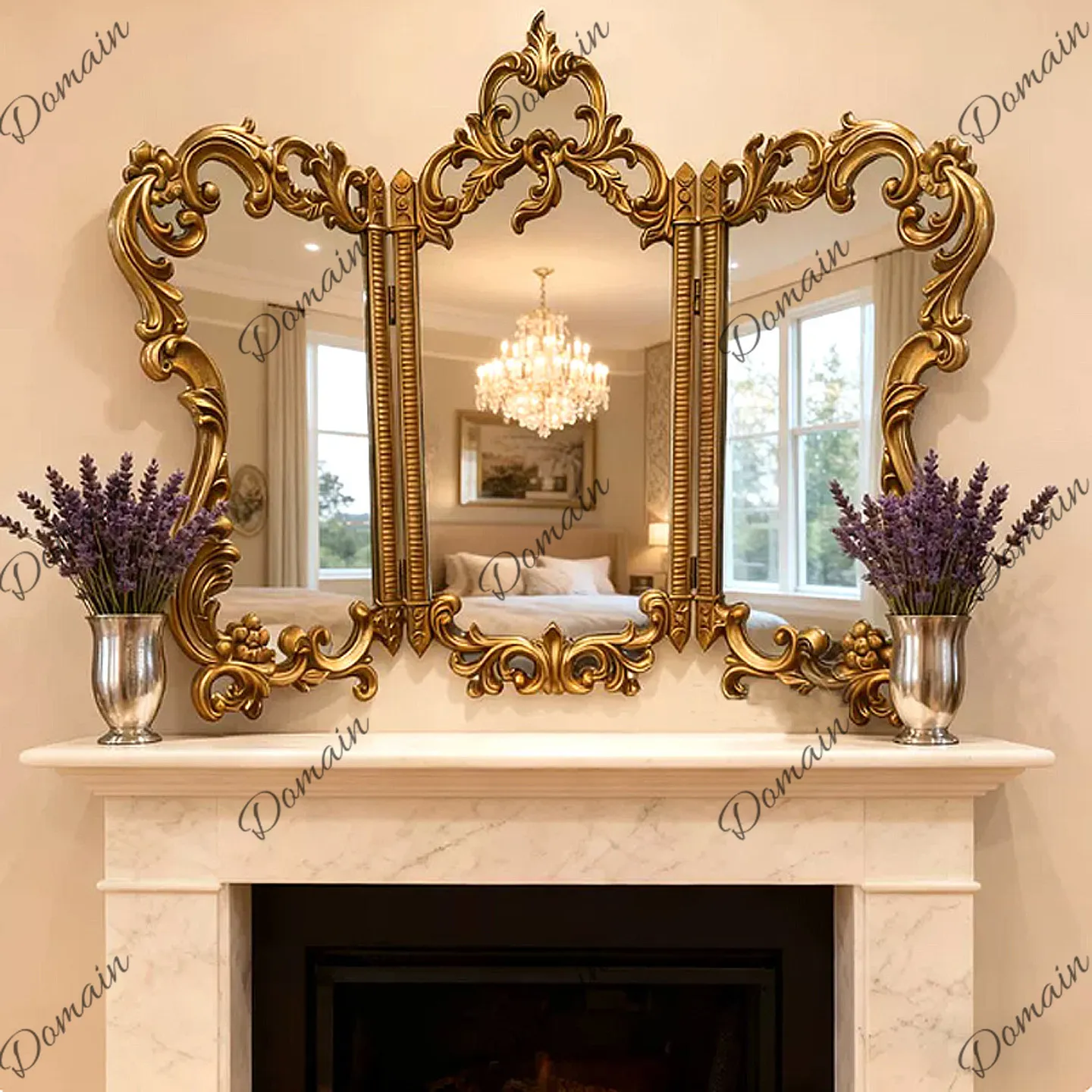 French retro makeup mirror European carved three-fold vanity mirror desktop special-shaped decorative three-sided mirror