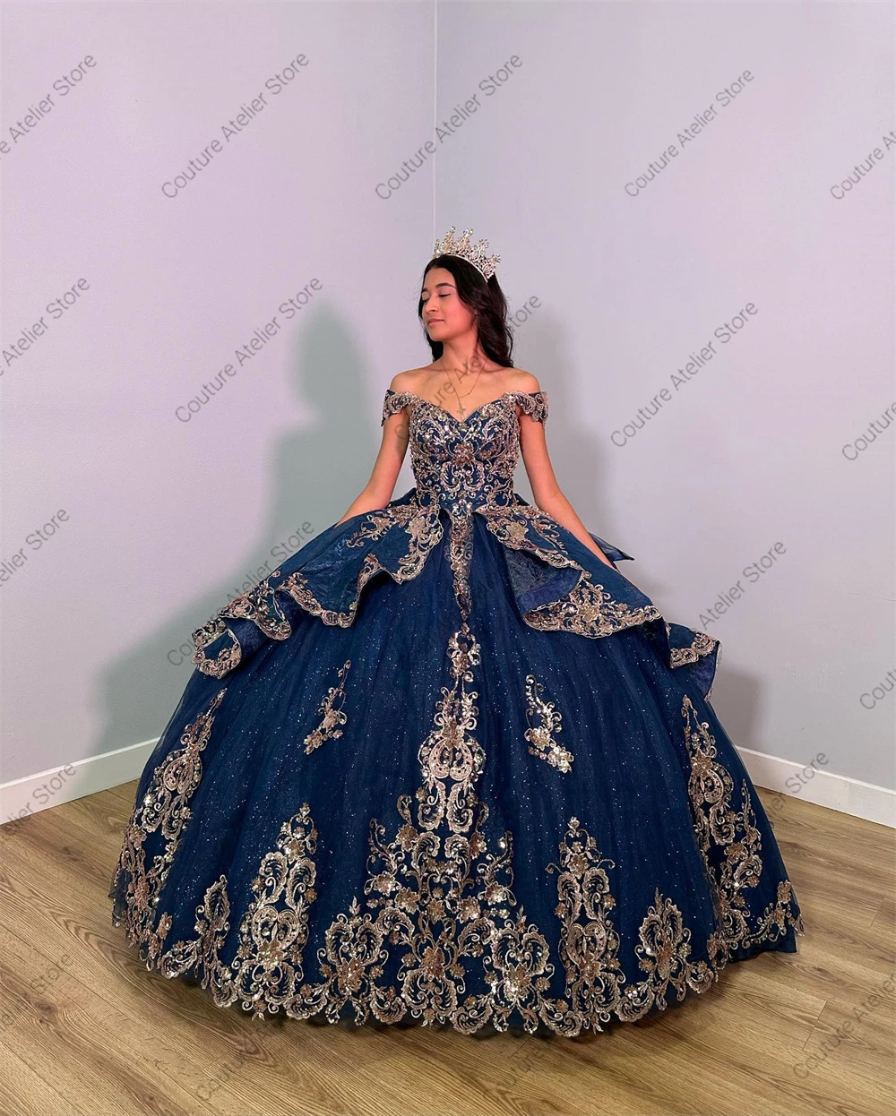 

Luxious Navy Blue Off The Shoulder Gold Sequin Applique Quinceanera Dress Ball Gown Birthday Party Dress Lace Up Graduation Gown