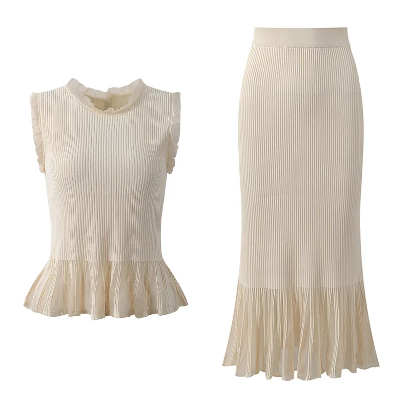 2026 Summer Lady Delicacy Lace Trim Patchwork Suit O-neck Sleeveless Pullover Tops Mermaid Long Skirt Women Slim Knit 2Pcs view 2
