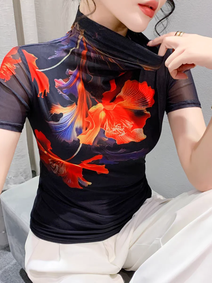 Short Sleeve T-shirts Girls Half Turtleneck Short Sleeve Thin Tee Shirts Slim Lady Sweet Positioning Floral Printing Simple Tops