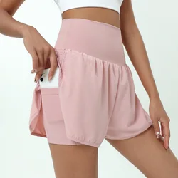 Pantaloncini da corsa 2 In 1 a vita alta da donna pantaloncini da Fitness con tasca ad asciugatura rapida traspirante tinta unita abbigliamento sportivo da palestra femminile