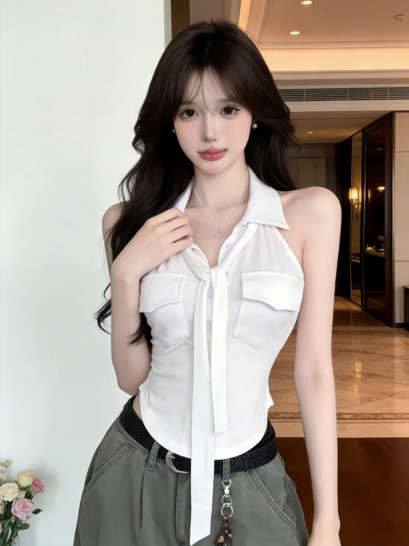 

Korean Style Pure Desire Sleeveless Shirt Women's Collar Sash Summer Design Slimming Sexy Top City Walk Breathable Skin-Friendly