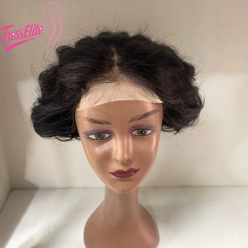 

PremiumWig Human Hair Short Curly Small Hair Block Headband4x4Wigs Micro Curly Short Style Temperament Natural Color