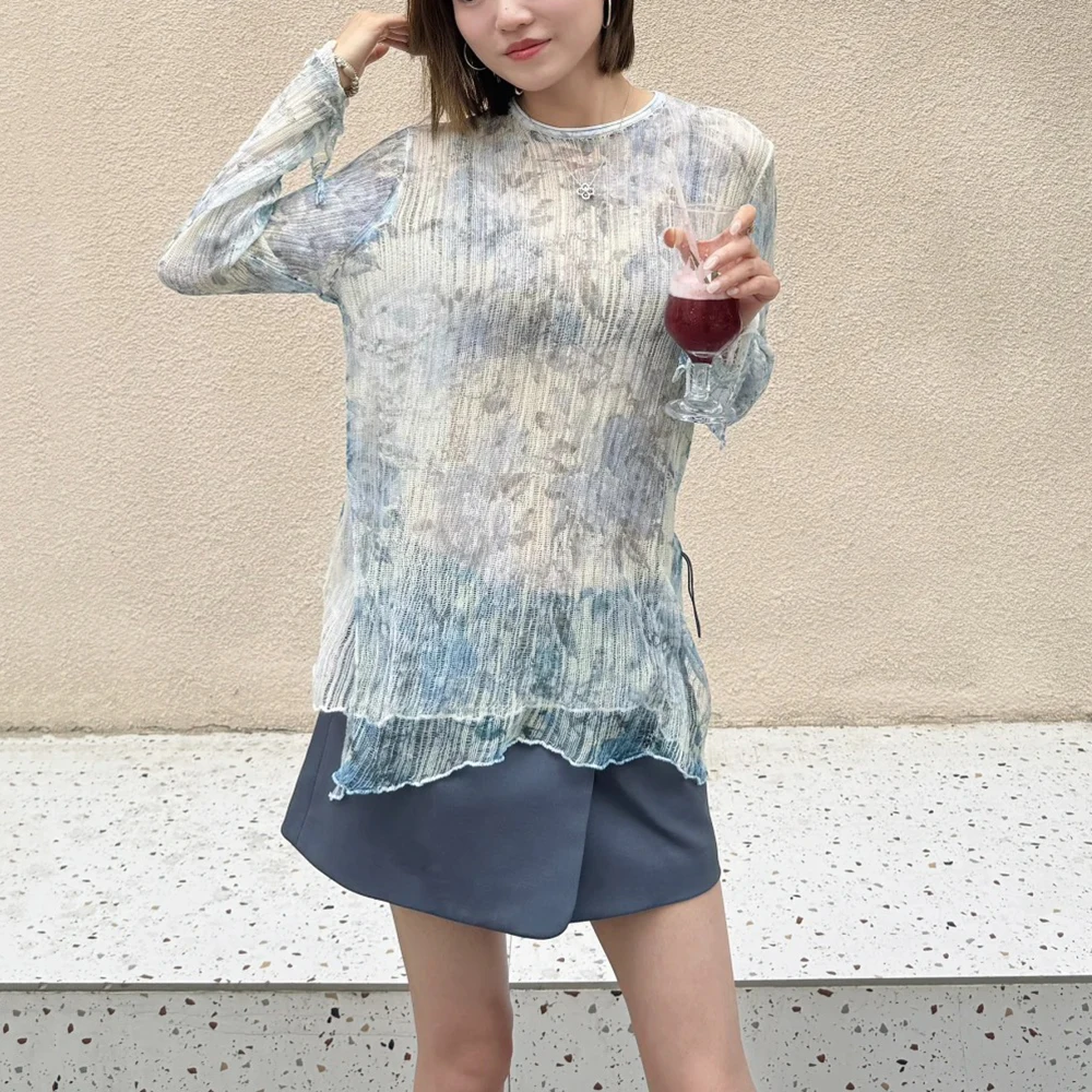 

Fashion Printed Cotton Women's T-Shirt Y2k Do Old Hollow Round Neck Long Sleeve Double Knit Bottom Shirt Tops 2025 Autumn New