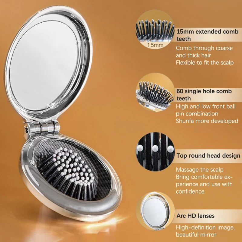 Light Luxury Electroplated Oval Folding Portable Anti-Static Massage Comb With Mirror Scalp Massage