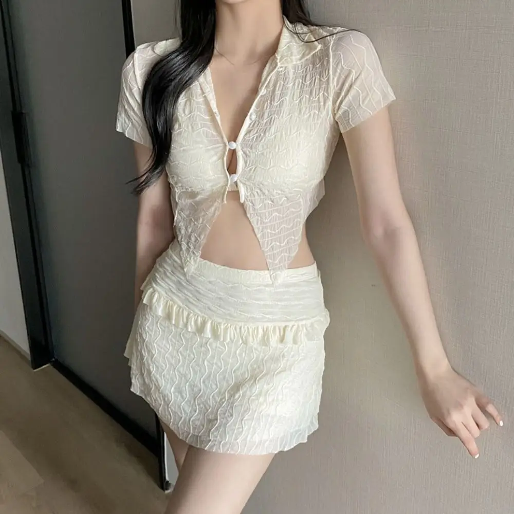 

Slim Fit Short Sleeve Swimsuit Hollow Out Ruffle Bikini Bathing Suit Transparent Beachwear Clothing Three Pieces Swimwear Set