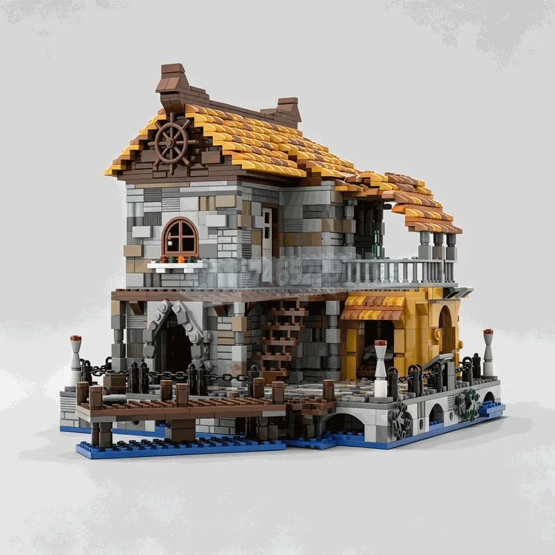 2030PCS MOC Modular Medieval Seaside Pier Stone Building Waterfront Model Building Blocks DIY Creative Assembly Architecture Toy