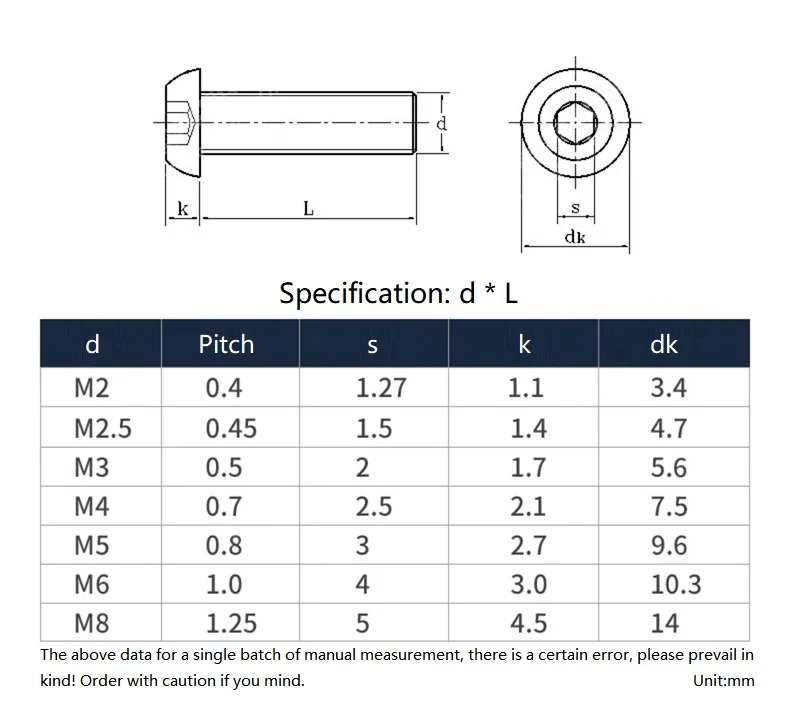 2/10pcs M2 M2.5 M3 M4 M5 M6 M8 Ta2 Pure Allen Screw Button Hex Socket Pan Round Machine Furniture Bolt